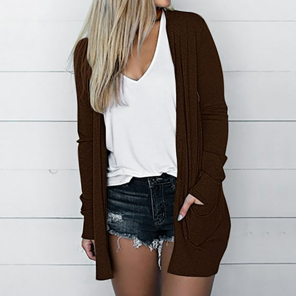 Jjayotai Cardigan Sweaters for Women, Women's Cardigans Fall 2024, Fashion Fall Outfits Long Sleeve Open Front Sweaters Pockets Brown L
