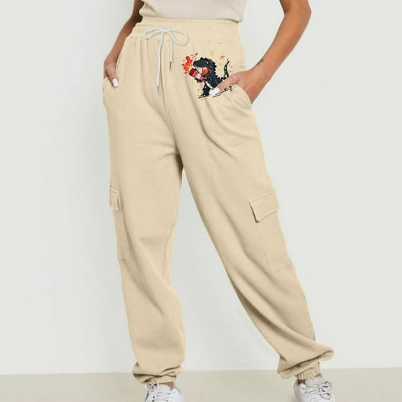 Jjayotai Cargo Joggers for Women, Drawstring Baggy Sweatpants, Casual Workout Running Pants, 2024 Fall Spring Cute Dinosaur Print Sweat Pants Beige XL