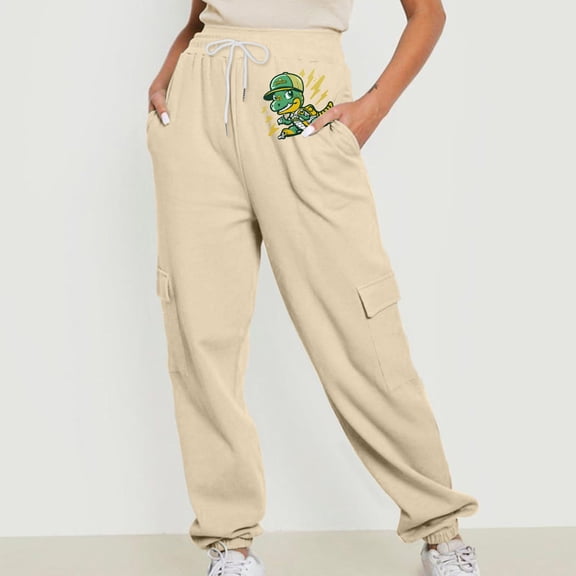 Jjayotai Cargo Joggers for Women, Drawstring Baggy Sweatpants, Casual Workout Running Pants, 2024 Fall Spring Cute Dinosaur Print Sweat Pants Beige S
