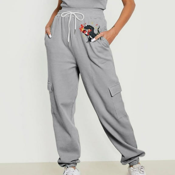 Jjayotai Cargo Joggers for Women, Drawstring Baggy Sweatpants, Casual Workout Running Pants, 2024 Fall Spring Cute Dinosaur Print Sweat Pants Gray S