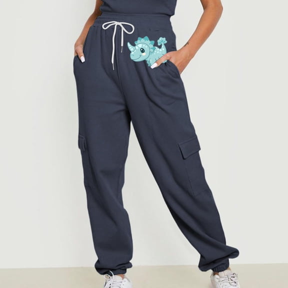 Jjayotai Cargo Joggers for Women, Drawstring Baggy Sweatpants, Casual Workout Running Pants, 2024 Fall Spring Cute Dinosaur Print Sweat Pants Navy L