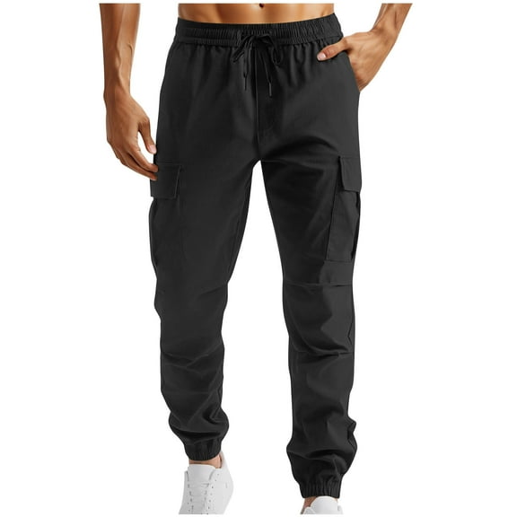 Jjayotai Cargo Pants for Men, Slim Fit Basic Workout Cuffed Leg Trousers, Drawstring Elastic Waist Sweatpants with Pockets Black L