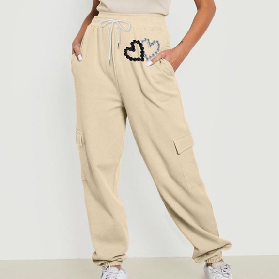 Jjayotai Cargo Sweatpants for Women, Heart Print Workout Joggers, Elastic Waist Loose Fit Pants Athletic Trousers with Pocket Beige L