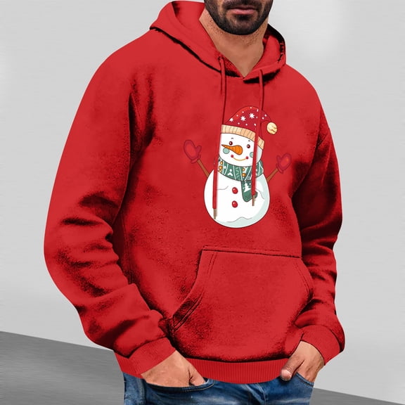 Jjayotai Christmas Hoodies for Men, Fashion Funny Printed Reindeer Snowman Hoodies, Long Sleeve Hooded Pullover Sweatshirts Red XXL