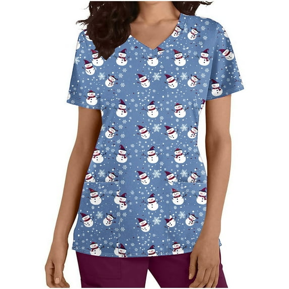 Jjayotai Christmas Scrub Tops Women, Christmas Scrubs Shirt Clearance, Holiday Cute Fun Prints Medical Nursing Uniforms Tops Purple XL
