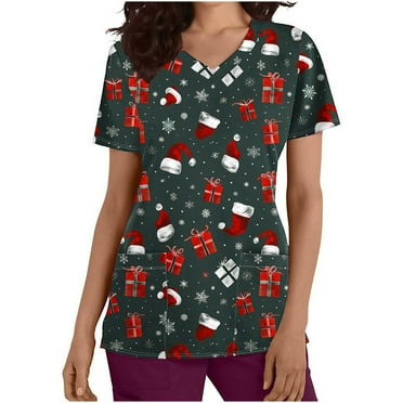 Jjayotai Christmas Scrubs Shirt for Women, Classic Fit, V-Neck, 2 Pockets, Stretch, Durable Moisture Wicking Xmas Nursing Uniforms Purple L