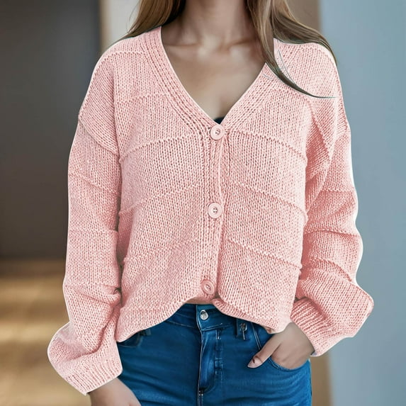 Jjayotai Clearance Cardigan for Women, V Neck Open Front Button Down Tops, Loose Casual Long Sleeve Cable Knit Sweaters Pink L