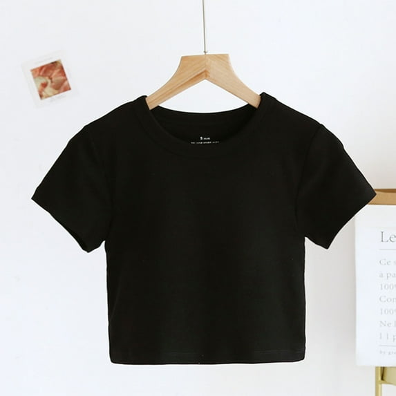 Jjayotai Crop Tops for Women, Summer Short Sleeve Loose Fit T Shirts, Casual Round Neck Basic Tees with Built in Bra Black^1 M