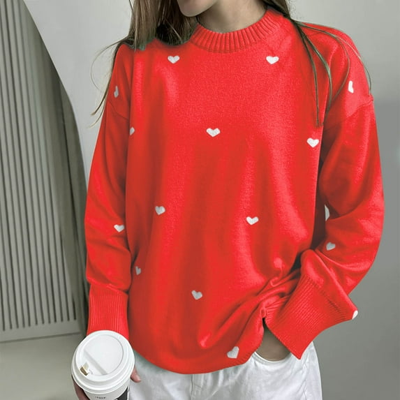 Jjayotai Cute Pullover Sweaters for Women, Y2k Oversized Crewneck Sweatshirt, Heart Graphic Print Crochet Knit Long Sleeve Tops Red L