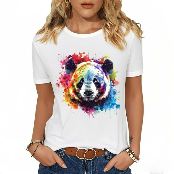 Jjayotai Cute Shirts for Women, Short Sleeve Panda Graphic Tees, Crewneck Cartoon Casual Cotton T-Shirt, Womens Summer Tops Clothes, Women's Blouse White^6 M