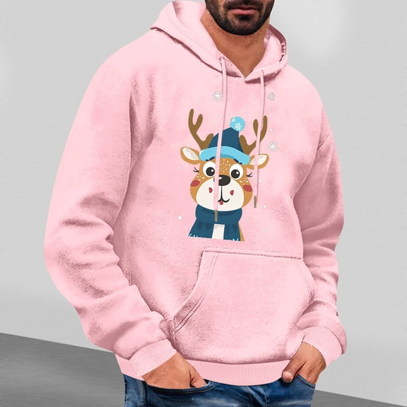 Jjayotai Christmas Mens Hoodie, Lightweight Oversized Christmas Print Pullover Sweatshirts, 2024 Workout Long Sleeve Fashion Top Pink XXL