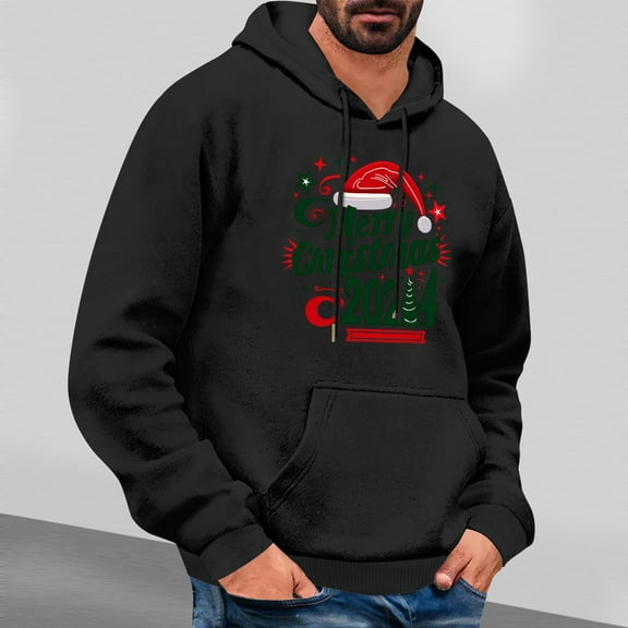 Jjayotai Mens Christmas Hoodies, Funny Christmas Hat Graphic Sweatshirts, Fashion Loose Pullover, Fall Winter Trendy Tunic Tops Black M