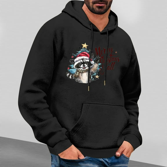 Jjayotai Mens Christmas Hoodies with Pockets, Cute Santa Printed Drawstring Pullover, Merry Christmas Long Sleeve Hooded Black S