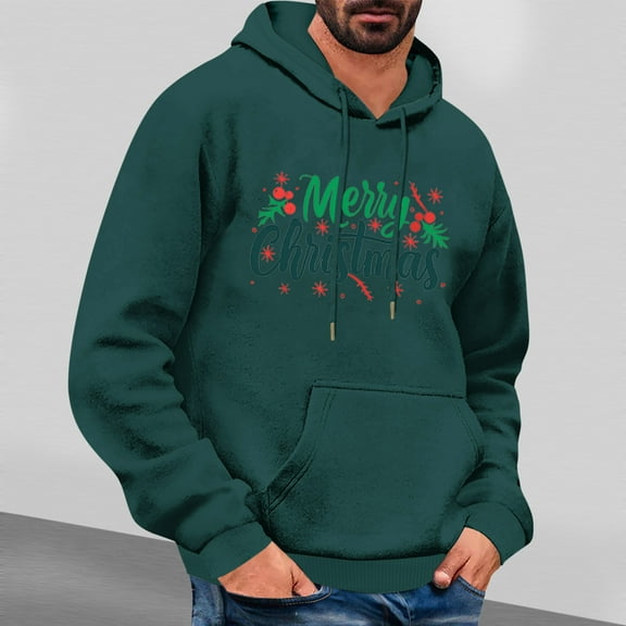 Jjayotai Merry Christmas Hoodie for Men, Funny Cute Mistletoe Print Sweatshirts, Long Sleeve Xmas Hooded Sweatshirt Pullover Tops Army Green XL
