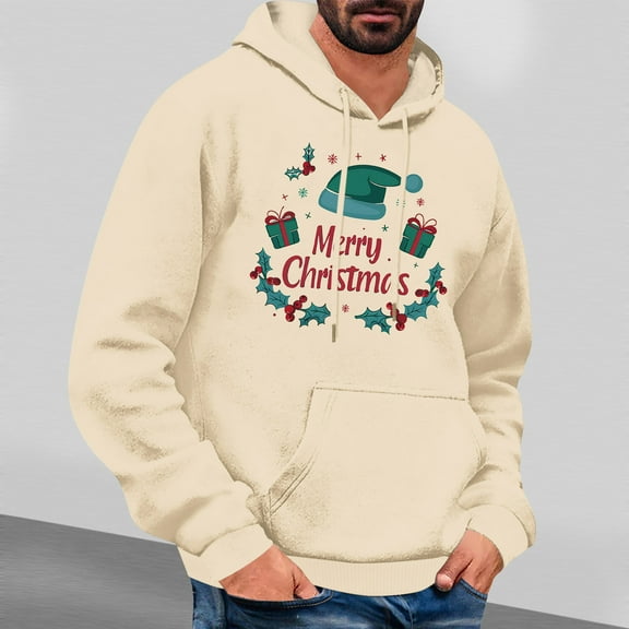 Jjayotai Ugly Christmas Hoodies for Men, Funny Letter Print Long Sleeve Drawstring Hooded Pullover Sweatshirts Beige S