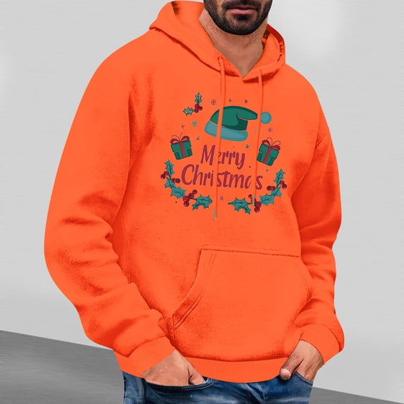 Jjayotai Ugly Christmas Hoodies for Men, Funny Letter Print Long Sleeve Drawstring Hooded Pullover Sweatshirts Orange XXL