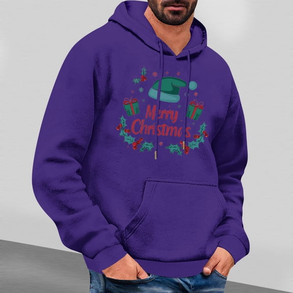 Jjayotai Ugly Christmas Hoodies for Men, Funny Letter Print Long Sleeve Drawstring Hooded Pullover Sweatshirts Purple S