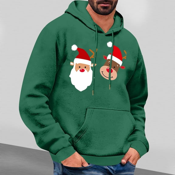 Jjayotai Mens Christmas Hoodies Sweatshirts, Ugly Santa Graphic Long Sleeve Drawstring Hooded Pullover With Pocket Green M