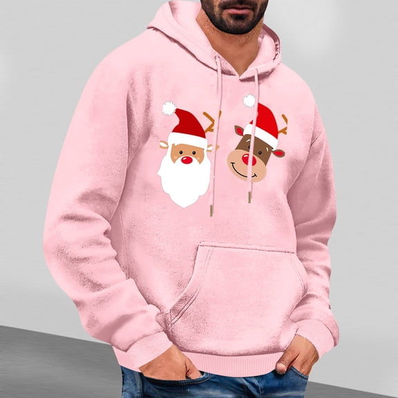 Jjayotai Mens Christmas Hoodies Sweatshirts, Ugly Santa Graphic Long Sleeve Drawstring Hooded Pullover With Pocket Pink M