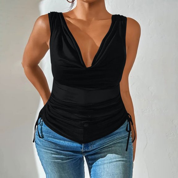 Jjayotai Deep V Neck Wrap Sleeveless Shirts, Sexy Ruched Blouse Top for Women, Womens Tank Tops Loose Fit Black^ XL