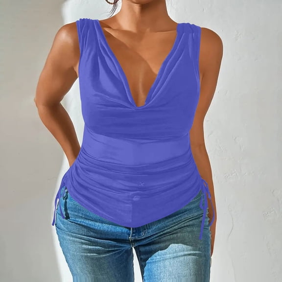 Jjayotai Deep V Neck Wrap Sleeveless Shirts, Sexy Ruched Blouse Top for Women, Womens Tank Tops Loose Fit Blue^ XXL