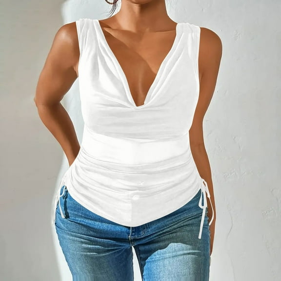 Jjayotai Deep V Neck Wrap Sleeveless Shirts, Sexy Ruched Blouse Top for Women, Womens Tank Tops Loose Fit White^ XXXL