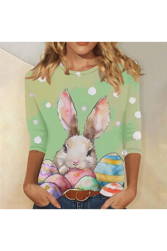 Easter Tshirt for Women, Easter Bunny Easter Egg Print Blouse, Women Summer Sexy Happy Easter Print Tops, Women Round Neck 3/4 Sleeves Top Multicolor-13 XXL