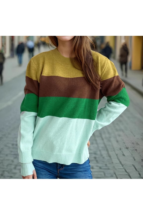Fall Winter Sweaters, Round Neck Striped Cute Pullover Sweater for Women Trendy 2024 Clothes Green L