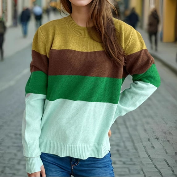 Jjayotai Fall Winter Sweaters, Round Neck Striped Cute Pullover Sweater for Women Trendy 2024 Clothes Green M