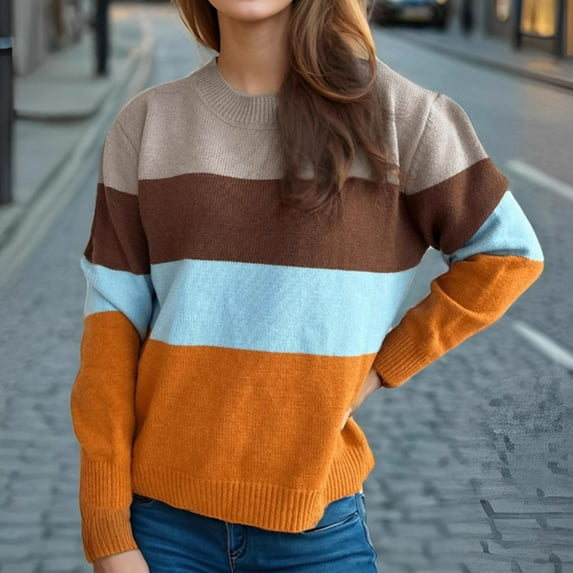 Jjayotai Fall Winter Sweaters, Round Neck Striped Cute Pullover Sweater for Women Trendy 2024 Clothes Orange S