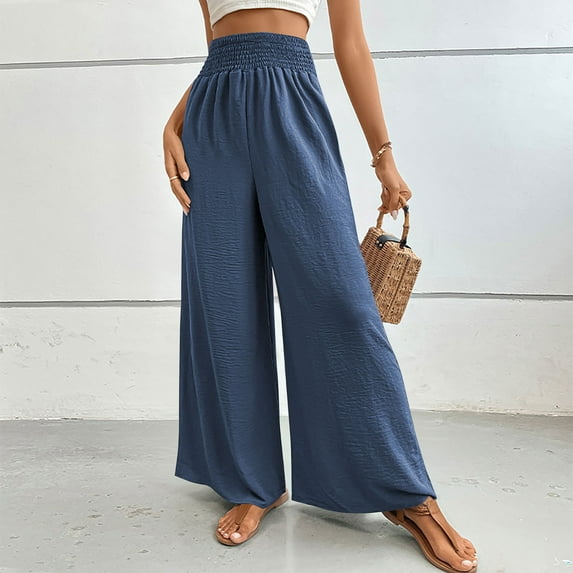 Jjayotai Flowy Pants for Women, Palazzo Pants for Women, Wide Leg Flare Summer Pants Women, Boho Harem Pants with Pockets Blue M