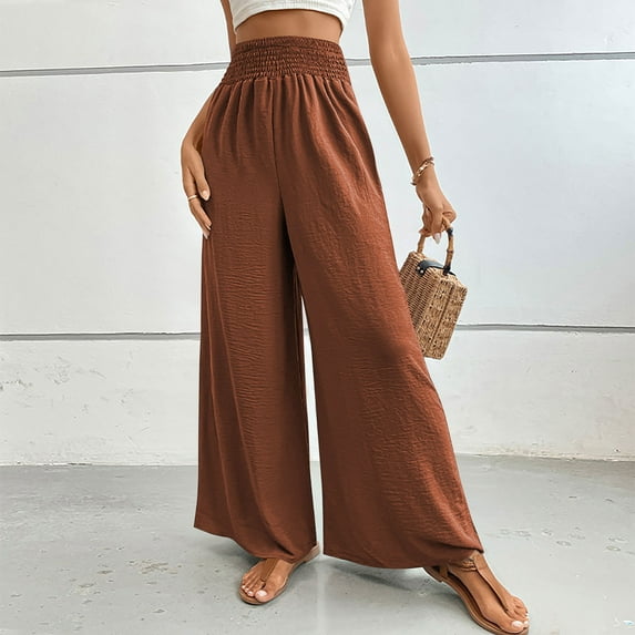 Jjayotai Flowy Pants for Women, Palazzo Pants for Women, Wide Leg Flare Summer Pants Women, Boho Harem Pants with Pockets Brown XL