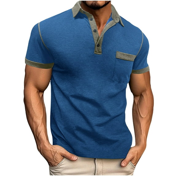 Jjayotai George Polo Shirts for Men, Men's Casual Fashion Solid Color Lapel Short Sleeve Shirt with Button Pocket, Golf Tees