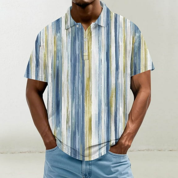 Jjayotai George Polo Shirts for Men, Men's Casual Loose Button Down Lapel Shirt, Short Sleeve Stripe Prined T-Shirt, Vintage Tees for Men