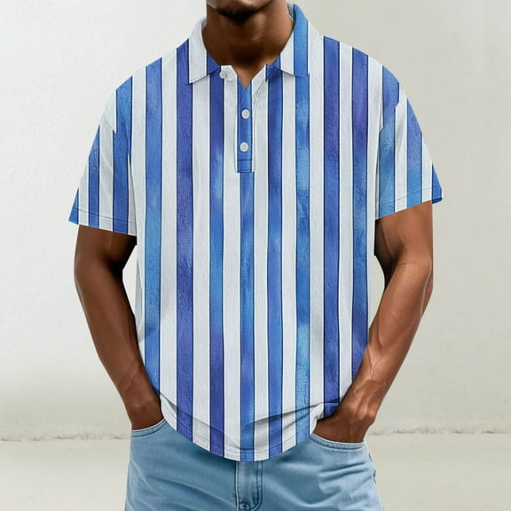 Jjayotai George Polo Shirts for Men, Men's Casual Loose Button Down Lapel Shirt, Short Sleeve Stripe Prined T-Shirt, Vintage Tees for Men