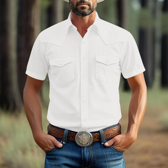 Jjayotai George Shirts for Men Button Down, Men's Fashionable Vintage Solid Color Casual Short Sleeve Turndown Collar Shirt with Pocket, Classic Tees for Men