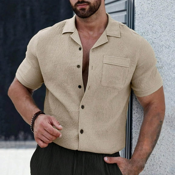 Jjayotai George Shirts for Men Button Down, Men Solid Color Casual Loose Short Sleeve Turndown Collar Shirts with Pocket, Classic Tees for Men