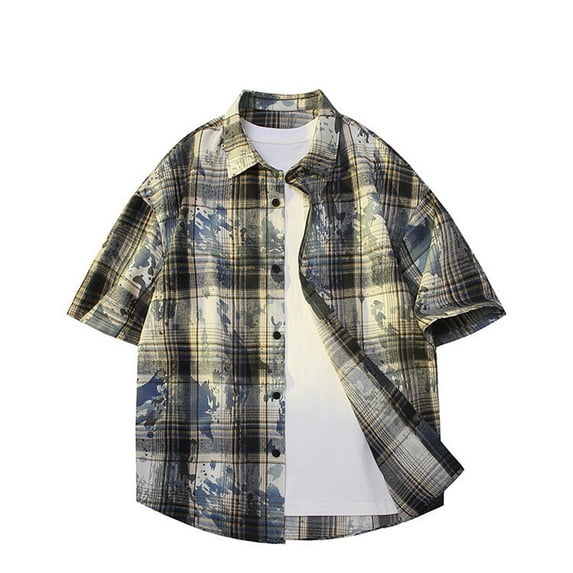 Jjayotai George Shirts for Men, Men's Casual Short Sleeve Tie Dye Plaid Printed Lapel Thin Button Down Shirt, Vintage Tees for Men