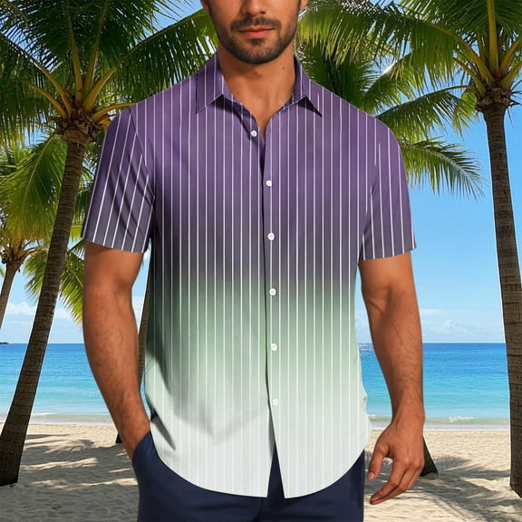 Jjayotai George Shirts for Men, Men's Gradient Shirt, Fashion Stripe Printed Button Down Short Sleeve Lapel Top, Mens Tees