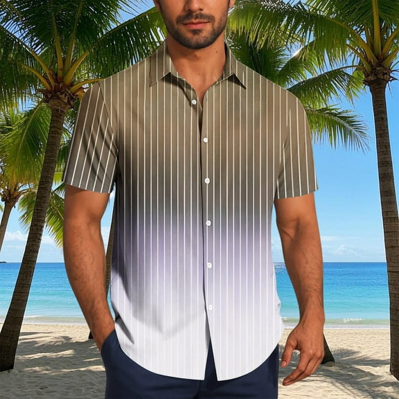 Jjayotai George Shirts for Men, Men's Gradient Shirt, Fashion Stripe Printed Button Down Short Sleeve Lapel Top, Mens Tees
