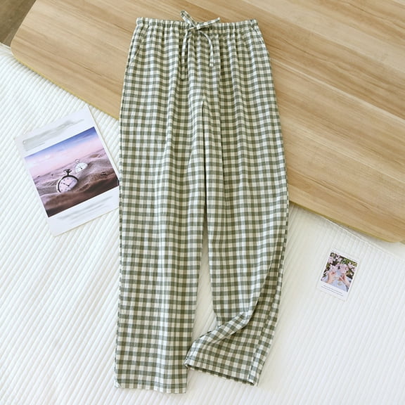 Jjayotai Gingham Pants, Womens Cotton Wide Leg Y2k Plaid Pajamas Pant, Elastic High Waist Checkered Lounge PJs Bottoms, Going Out Trousers Green L