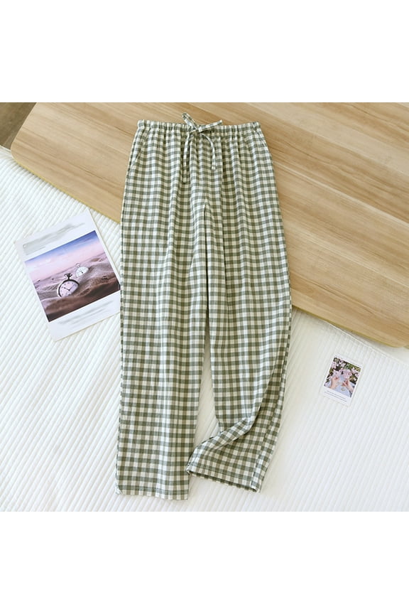 Gingham Pants, Womens Cotton Wide Leg Y2k Plaid Pajamas Pant, Elastic High Waist Checkered Lounge PJs Bottoms, Going Out Trousers Green XL