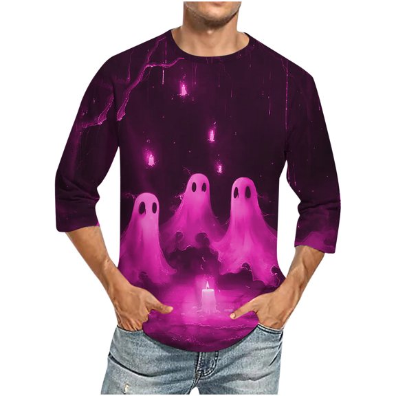 Jjayotai Halloween Sweatshirt for Men, Long Sleeve Crewneck Horror Graphic Tee, Spooky Cute Ghosts Printed, Casual Halloween Party Wear Purple XL