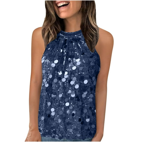 Jjayotai Halter Sequin Tank Tops for Women, Sleeveless Sparkly Glitter Club Outfits, Ruched Flowy Shiny Party Concert Shirt, Womens Shirts Navy^ S