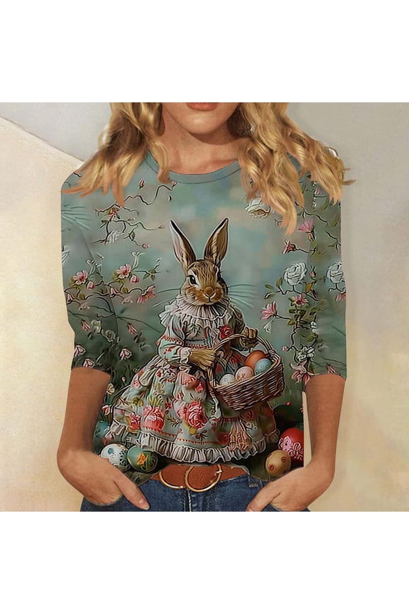 Happy Easter Shirts for Women, Easter Bunny 3/4 Sleeve T-Shir, Cute Bunny Graphic Tees, Easter Egg Holiday Shirt Tops Multicolor-4 XXXL