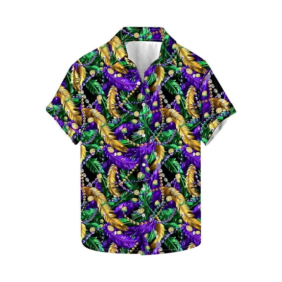 Jjayotai Happy Mardi Gras, Men's Hawaiian Shirt Clearance, Summer Beach Casual Short Sleeve Button Down Shirts, Mens Mardi Gras Costumes Multicolor XL