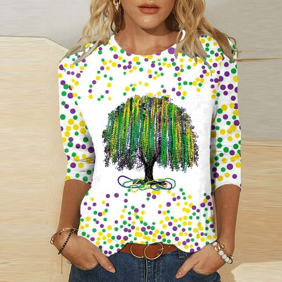 Jjayotai Happy Mardi Gras Shirt, Womens Mardi Gras Day Tshirt, Fat Tuesday Carnival Tee, New Orleans Party 3/4 Sleeve Carnival Tops Multicolor L