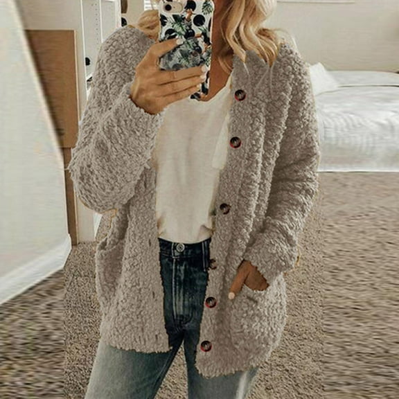 Jjayotai Jacket for Women, Open Front Fleece Jackets, Long Sleeve Button Coats, Fuzzy Winter Cardigan, Casual Outerwear with Pockets Gray S