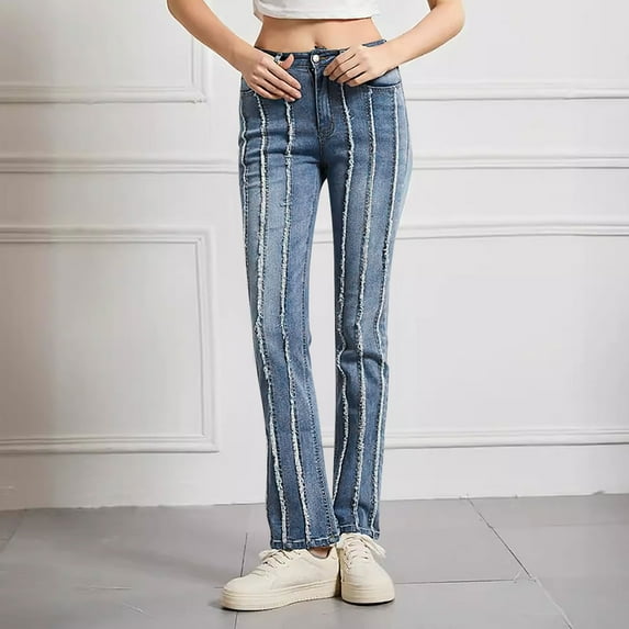 Jjayotai Jeans for Women Clearance, Low Waist Denim Pants, Flare Jegging, Low Rise Straight Leg Frayed Hem Bottom Jeans Blue-1 L