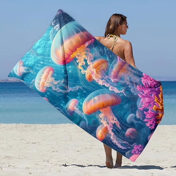 Jjayotai Jellyfish Beach Towel, 29 x 59 inches (75 x 150cm) Quick Dry Soft and Absorbent Travel Swim Bath Shower Towel (29 in x 65 in, Coral), Suit for Bathroom Spa Gym Yoga Swim Travel
